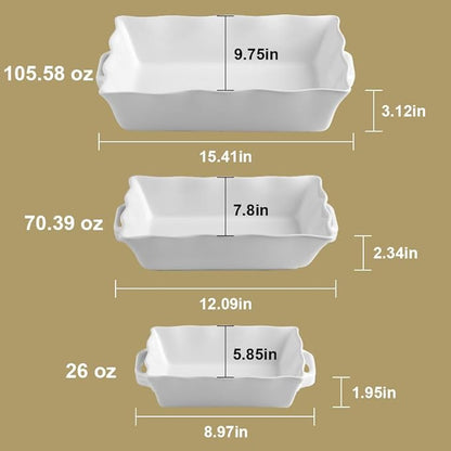 Sweejar Casserole Dishes for Oven, Ceramic Bakeware Set of 3, Rectangular Baking dish with Handles, Wave Edge Lasagna Pan Deep for Cooking, Cake, Dinner, Banquet and Daily Use (Red)