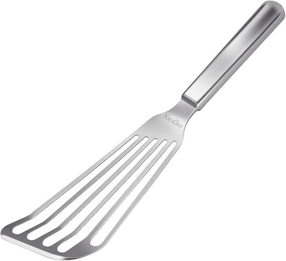 KSENDALO One-piece Fish Spatula Stainless Steel SUS304 - Thick Spatula with Flexible Thin Angled Blade Slotted Egg Flipper, Hollow Grip Metal Turner for Fish/Eggs/Omelettes, Dishwasher Safe