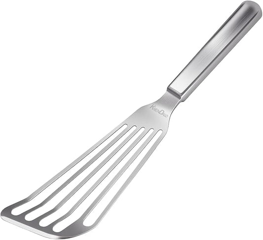 KSENDALO One-piece Fish Spatula Stainless Steel SUS304 - Thick Spatula with Flexible Thin Angled Blade Slotted Egg Flipper, Hollow Grip Metal Turner for Fish/Eggs/Omelettes, Dishwasher Safe