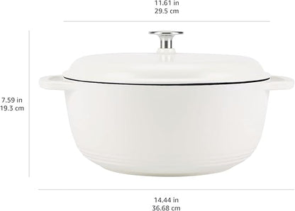 Amazon Basics Cast Iron Dutch Oven Pot with Lid, Enameled, Round, Dual Handles, Heavy-Duty, Large, 7.3-Quart, Matte White