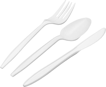 1,000 Plastic Disposable Cutlery Bulk Variety Pack White Medium Weight Includes 334 forks, 333 knives, 333 soup spoons, Disposable Silverware Plastic Cutlery