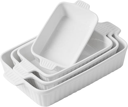 Casserole Dishes for Oven, Ceramic Baking Dishes, Porcelain Bakeware Set of 4, Rectangular Baking Pan, White Deep Lasagna Pan with Handle for Cooking, Roasting, Cake, 15.3"/12.8"/11.6"/9.8"