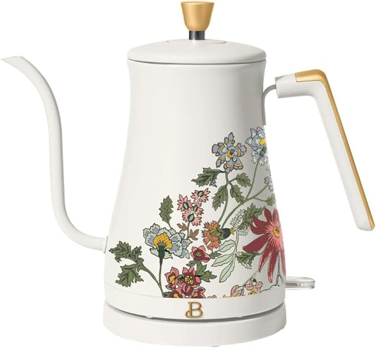 Beautiful 1L Electric Gooseneck Kettle, Precision Pour Spout, 1200W Fast Boil, Auto Shut-Off, Cordless, Stainless Steel, Tea & Coffee Maker with Ergonomic Handle, Wildflower White Icing