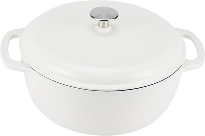 Amazon Basics Cast Iron Dutch Oven Pot with Lid, Enameled, Round, Dual Handles, Heavy-Duty, Large, 7.3-Quart, Matte White