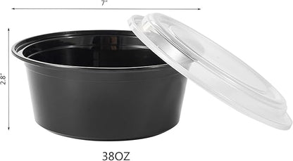 FULING 38 oz 50 ct Round Meal Prep Containers with Lids Plastic Food Storage To Go Lunch Plan Box Disposable Take Out Bowls Black BPA Free Reusable Durable Stackable Microwave Freezer Dishwasher Safe