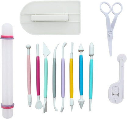 Marshmallow Fondant Cake Decorating Hand Tool 12 Pcs 5 Sets Sugarcraft Gumpaste Icing Smoother Rolling Pin Trimmer Cutter Embosser Flower Scissor Modelling Accessories Supplies Kit Multi