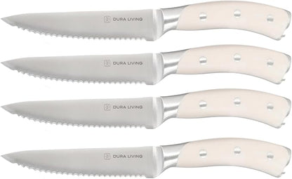 DURA LIVING 4-Piece Serrated Kitchen Steak Knife Set – Forged High Carbon Stainless Steel, Ultra Sharp, Ergonomic Black Handles, Durable Dinner Knives, Cream Handle