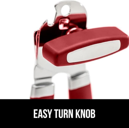 GORILLA GRIP Heavy Duty Stainless Steel Smooth Edge Manual Can Opener and Bottle Openers, Soft Comfortable Handle, Oversized Handheld Turn Knob, US Designed Multifunctional Kitchen Tool, Red