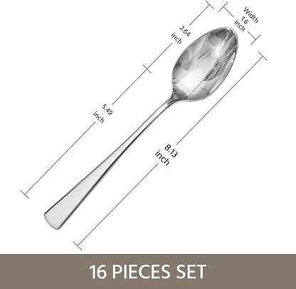 KINGSTONE 16 Piece Dinner Spoon Set, 18/10 Stainless Steel Spoons, Silver Food Grade Table spoons of 16, Metal Spoons for Home, Kitchen, Weddings, Parties or Restaurant, Dishwasher Safe-8.15inches