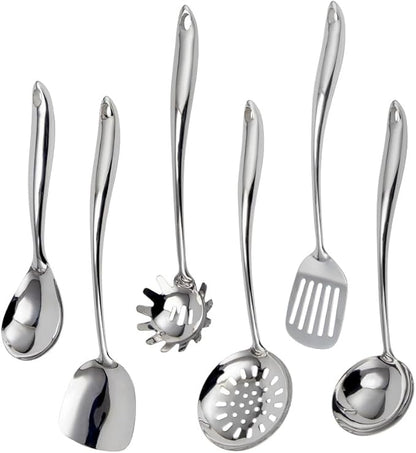 304 Stainless Steel Kitchen Utensils Set, VALESKA 6PCS Metal Cooking Utensils Set, Wok Spatula, Ladle, Skimmer Slotted Spoon, Pasta Spoon, Serving Large Ladle, Slotted Spatula Tunner