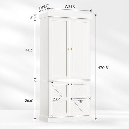 70.8" Tall Farmhouse Kitchen Pantry Cabinet with Doors, Modular Storage Cabinet with 4-Tier Adjustable Shelves, White, Wooden Hutch for Kitchen, Living Room, Set of 2