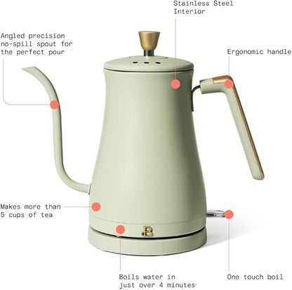 Beautiful 1L Electric Gooseneck Kettle, Precision Pour Spout, 1200W Fast Boil, Auto Shut-Off, Cordless, Stainless Steel, Tea & Coffee Maker with Ergonomic Handle, Matte Finish (Sage Green)