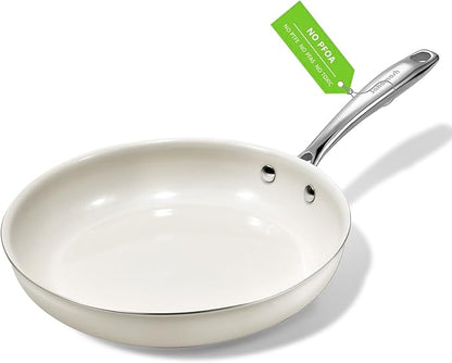 9.5" Ceramic Frying Pan Nonstick, Skillet, Cooking Pan Non Toxic with Stay Cool Handle for Induction, Chef's Pan, PTFE & PFAS & PFOA Free, Dishwasher/Oven Safe, White