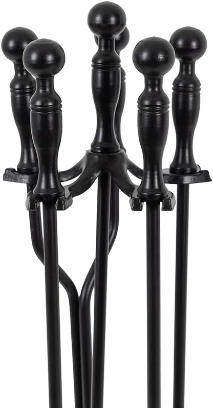 Modern Ember Cascade 5 Piece Fireplace Tool Set in Black | Includes Brush, Shovel, Fire Poker, Tongs, and Stand | Heavy Guage, Coated Steel | Heat-Resistant Plating | Sleek Rounded Handles