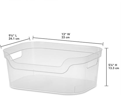 Sterilite 5.25x9.5x13 In Medium Polished Open Scoop Front Storage Bin w/Comfortable Carry Through Handles for Household Organization, Clear (8 Pack)