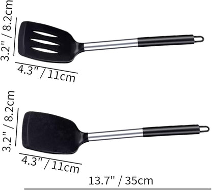 2 Pack Silicone Steel Sturdy Turner Spatula Set, Non-Stick Turner and Solid Spatula, High Heat Resistant BPA Free Cooking Kitchen Utensils - AR3T Collection - Black