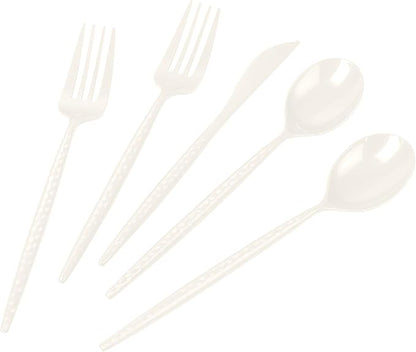 LIYH 150 Pcs Ivory Plastic Cutlery Sets - Ivory Plastic Silverware Heavyduty, Disposable Utensil Sets, 50 of Each Forks, Knives & Spoons Flatware Set for Party Birthday