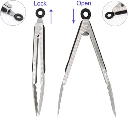 304 Stainless Steel Kitchen Cooking Tongs, 12" and 14" Set of 2 Sturdy Grilling Barbeque Brushed Locking Food Tongs with Ergonomic Grip, Black