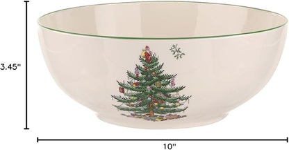 Spode Christmas Tree Large Round Bowl - 10-Inch Porcelain Serving Dish for Salad, Pasta & Side Dishes - Iconic Holiday Design with Green Trim, Dishwasher, Microwave Safe - Festive Gatherings