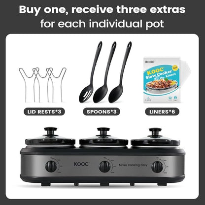 KOOC Triple Slow Cooker Buffet Server and Food Warmer 3x1.5 Quart Individual Temp Control With Lid Rests & Spoons With Liners Included Grey