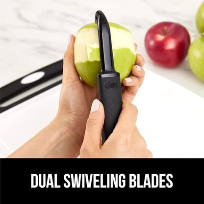 GORILLA GRIP Patented BPA-Free Sharp Stainless Steel Dual Swivel Vegetable Peeler, Soft Comfortable Handle, Smoothly Peel Apples Potatoes Carrots, Includes Blade Cover, Holiday Prep Essentials, Black