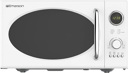 Emerson MWRG0901W 0.9 Cu. Ft. Retro Microwave with 1,000W Grill Function, 800W Cooking Power, LED Display, 5 Power Levels, 8 Auto Menus, Glass Turntable, Child Lock, White Countertop Design