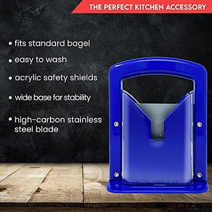Slyce - Bagel Slicer, Bagel Cutter with Safety Shield and Safe Grip, Bagel Holder for Cutting Large and Small Bagels, Stainless Steel Blade (Blue)