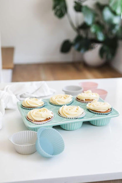 The Silicone Kitchen Reusable Silicone Baking Cup Silicone Muffin Liners for Cupcakes, BPA Free, Regular, 24 Pack, Pink Gray Blue