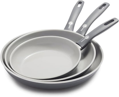 GreenPan Dover 8” 10” and 12” 3 Piece Frying Pan Skillet Set, Non-Toxic PFAS-Free Ceramic Nonstick Coating, Sear Saute Fry Egg Omlete, Dishwasher & Oven Safe, Stay Cool Handle, Easy Pour Rims, Gray