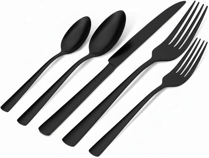 Black Silverware Set, 20-Piece Flatware Set Service for 4, Durable Stainless Steel, Mirror Polished Tableware Eating Cutlery Set, Kitchen Utensils Set with Steak Knives, Dishwasher Safe