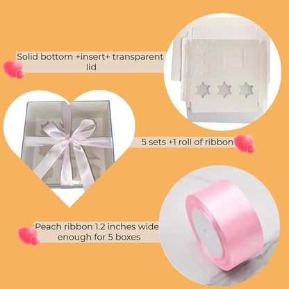 Bento Cake and Cupcake Box 2-in-1 4-inch Cake and 5 Cupcakes Box 5 Sets with One Wide Roll of Ribbon for Family Dinner Birthday Party Picnic Gift (faskdfh)