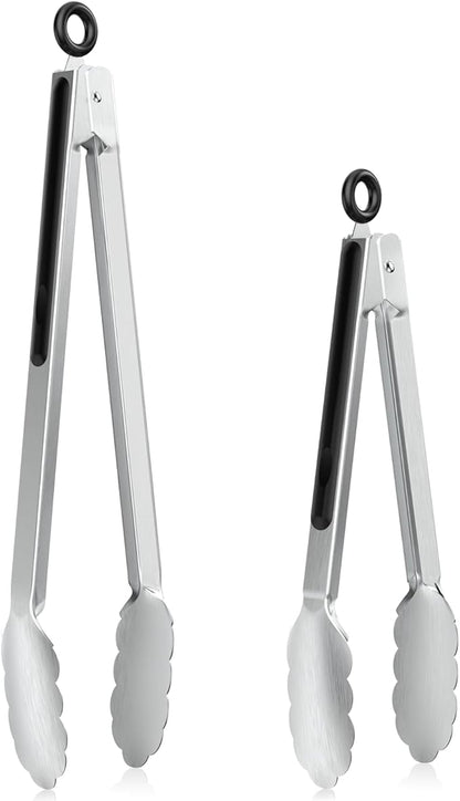 NileHome Tongs for Cooking, Professional Stainless Steel Cooking Tongs – Heat-Resistant for Grilling, BBQ, Serving Salad, Pasta, and Kitchen Use, Dishwasher Safe, Set of 9" 12", Silver