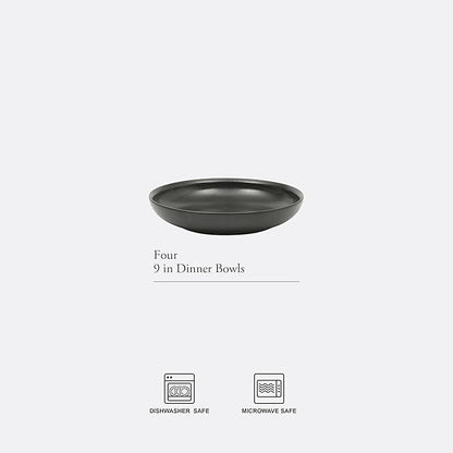Gibson Elite Beckett 4-Piece 9 Inch Dinner Plate Bowl Set – Reactive Glaze Stoneware – Shallow Serving Pasta Bowls (Blate) – Round Wide-Rim Design – Microwave & Dishwasher Safe - Black