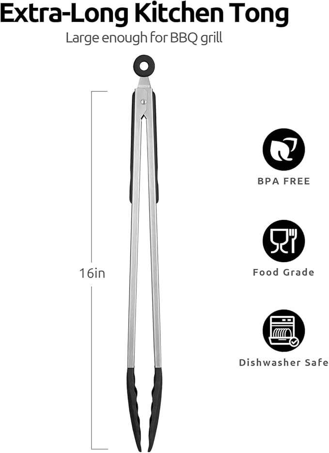 Heat Resistant Silicone Kitchen Tong: U-Taste 16 inch Extra Long Large 480ºF Hot Proof Cooking Tong with Sturdy Non Stick Rubber Tips & Non Slip Silicon Coated Steel Handle for Grilling BBQ (Black)