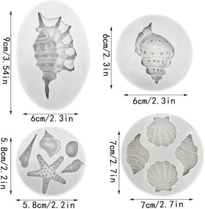 4 PCS Marine Theme Cake Fondant Silicone Mold Seashell Conch Starfish Baking Molds for DIY Cake Decoration Chocolate Candy Polymer Clay Crafting Projects