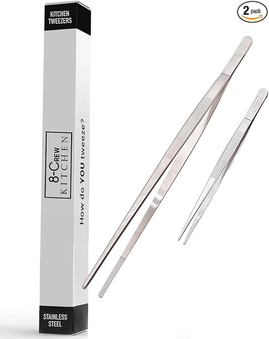 8-CREW KITCHEN Professional Chef Tongs 2 pc Set - 12” 304 Stainless Steel Tweezer for Cooking and Multi-Use - 6” Culinary Tweezer for Plating, Bar and Food Decorating