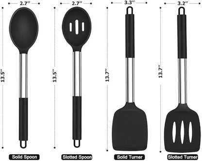 Pack of 4 Silicone Cooking Utensils Set, Non Stick, Heat Resistent Large Solid Spatulas, Slotted Spoons, BPA Free, Kitchen Turners for Frying, Mixing,Serving,Draining,Turning,Stirring