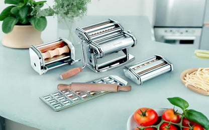 Imperia Pasta Maker Deluxe Gift Set w Accessories- Includes Pasta Machine, Ravioli Mold Press, Wooden Rolling Pin plus 2 Cutter Attachments for Adjustable Thicknesses- Made in Italy Steel Construction