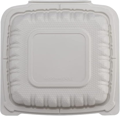 TIYA Clamshell Food Containers - White Bulk 150 Pack, 8x8 in - 3-Compartment To-Go Containers - Microwavable Plastic with Hinged Lid - Great for Meal Prep - BPA-Free