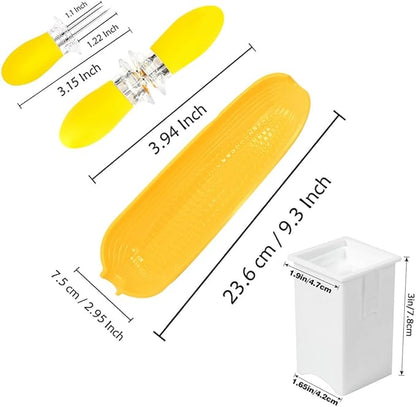 Corn Dishes and Corn Holders Set Kits, PEOUWNES Corn on The Cob Holders, Corn Cob Holders Skewers BBQ Twin Prong Holders, Includes 12 Stainless Steel Corn Holders, 6 Corn Trays and Butter Spreader