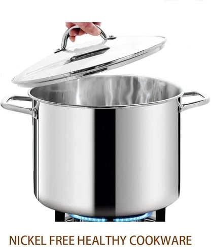 HOMICHEF 12 Quart LARGE Stock Pot with Glass Lid - NICKEL FREE Stainless Steel Healthy Cookware Stockpots with Lids 12 Quart - Mirror Polished Induction Pot - Commercial Grade Soup Cooking Pot