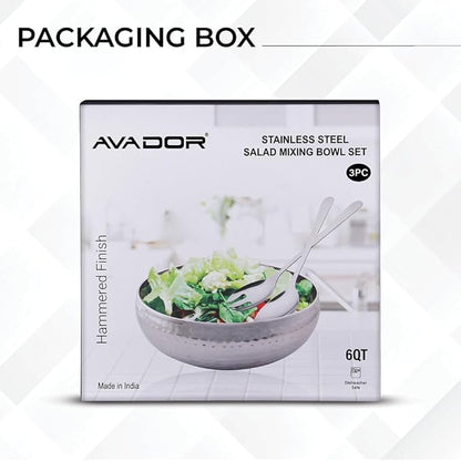 Avador® Set of 3 Premium Stainless Steel Salad Mixing Bowl Hammered Finish | Handmade | Includes Salad Serving Utensils (Stainless Steel)