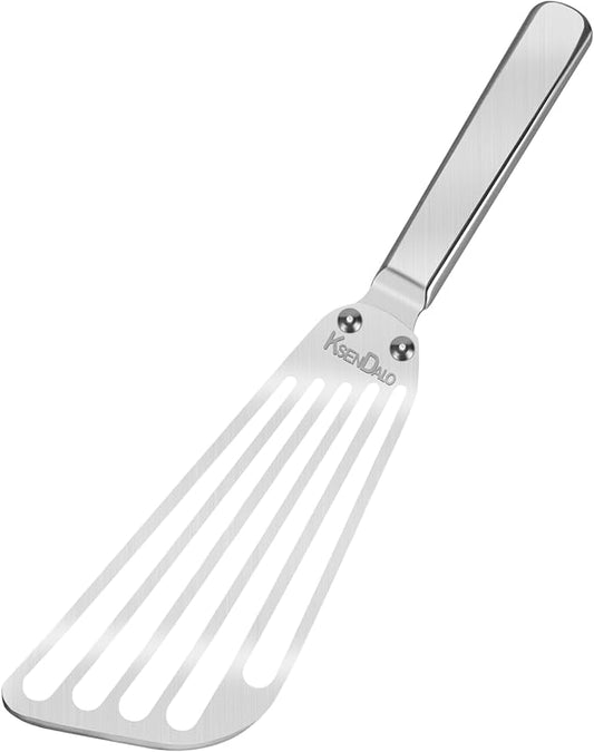 KSENDALO Flexible Fish Spatula Stainless Steel -Slotted Thin Egg Flipper with Riveted Handle, Angled Blade & Hollow Grip, Metal Turner for Cooking Fish Egg Pancakes (1 pack)