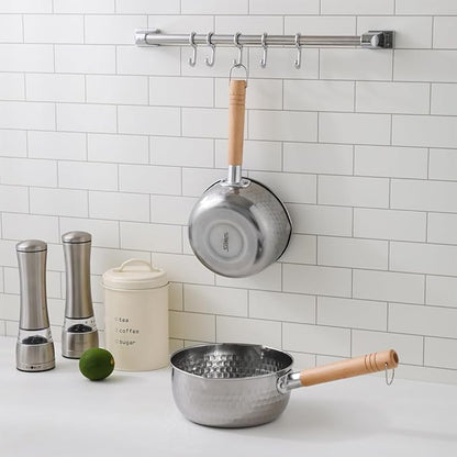 2 Quart Stainless Steel Pot With Glass Lid. Traditional Japanese Saucepan Wth Wood Handle, Multipurpose Sauce Pan With Two Side Pour Spouts & Measurement Line, Great for Ramen, Milk etc.