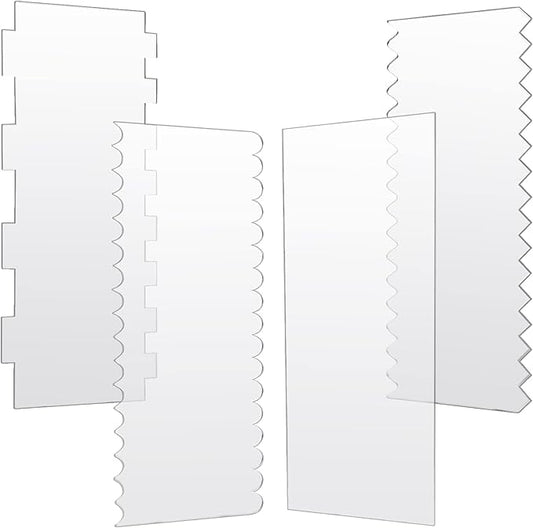 JOERSH 4pcs Acrylic Cake Scrapers Clear Combs Icing Frosting Buttercream Edge Smoother for Mousse Butter Cream Decoration