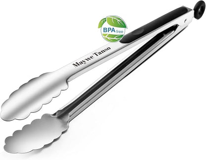 Kitchen Tongs for Cooking,Maywe Tanso 12-Inch Stainless Steel Locking Cooking Tongs Food Tongs for Cooking,Grilling,Salad and Serving Food | Heavy Duty,Non-Stick,Black