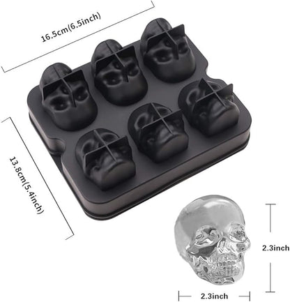 CHIYAN Skull Ice Mold Silicone - Set of 6 Large 3D Ice Cube Molds, 2.3x2.3 Inch Flexible Silicone Freezer Tray, Whiskey Cubes Mold Skull for Party Cocktails Champagne and Drinks