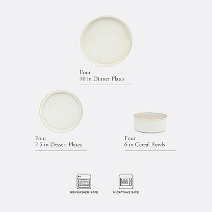 Gibson Elite Echo Bay 12 Piece Porcelain Reactive Glaze (Service for 4) Ceramic Plates and Bowls Modern Stackable Dinnerware Set - White