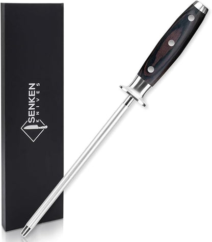 SENKEN Professional Emery Knife Sharpening Steel - Incredibly Strong Emery Rod for Sharpening & Honing Knives Up to 63 HRC Including All Damascus Knives (Smoothly Finished Wood)