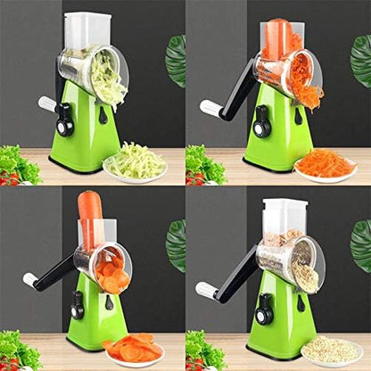 Manual Rotary Potato Grater Kitchen Mandoline Vegetable Slicer，with 3 Interchangeable Blades，Easy to use (Green)